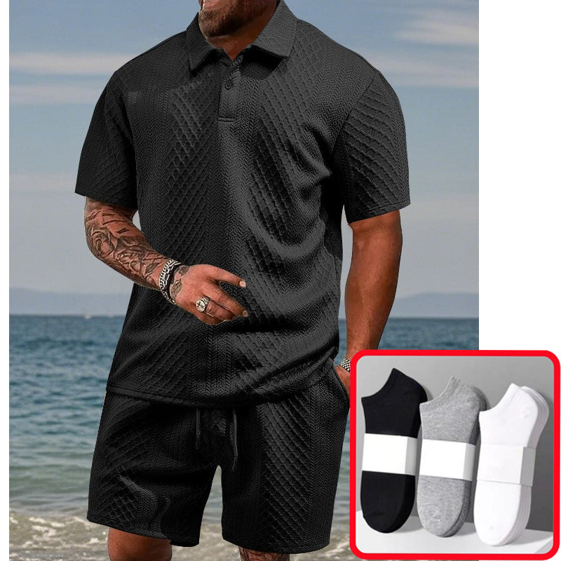 Men’s Diamond Pattern Turn-Down Collar Short Sleeve Top & Drawstring Shorts 2-Piece Set