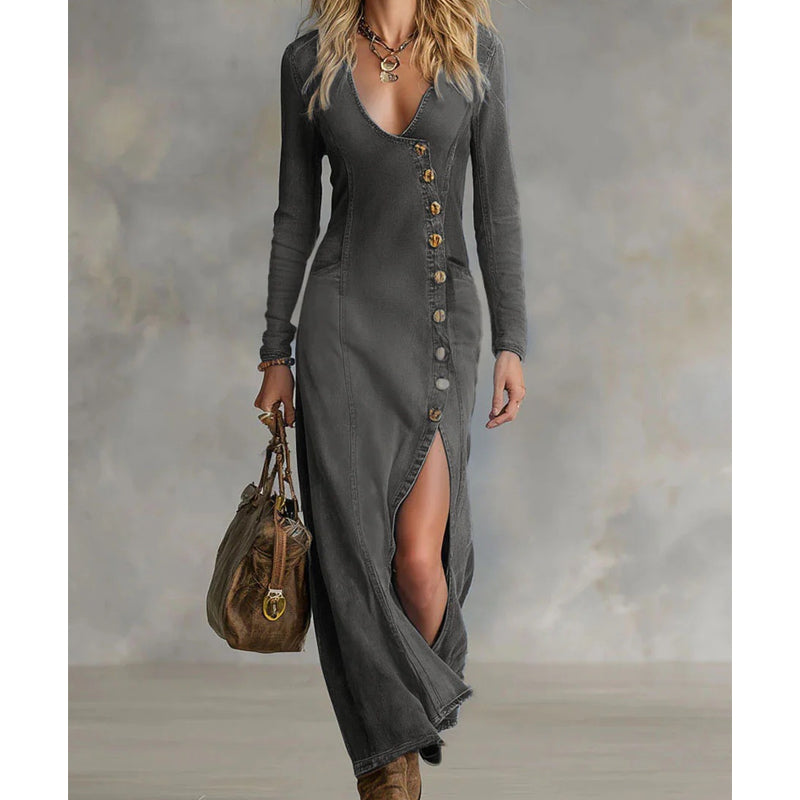 ๐50% OFF! ๐ Women's Long Sleeve V-Neck Maxi Dress โ Soft Fabric, Bodycon Fit & Elegant High Slit ๐โจ
