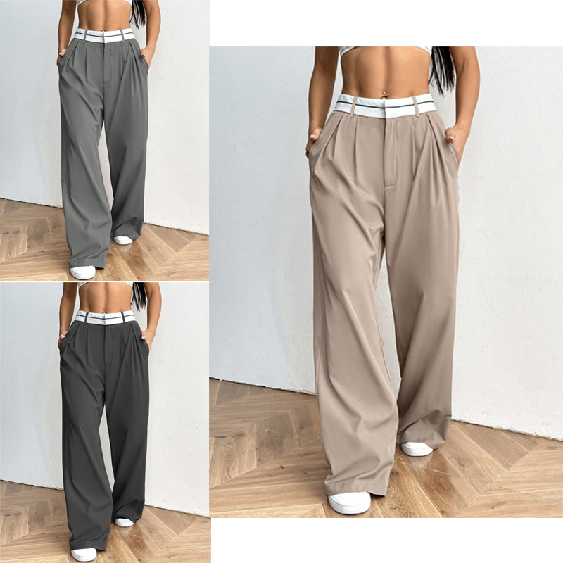 Women's Wide-Leg Suit Pants with Contrast Waistband