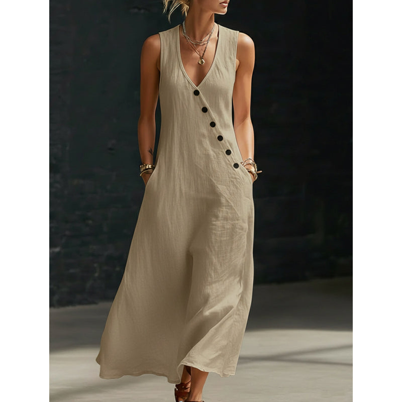 ๐ 50% OFF WOMEN'S MAXI DRESS WITH POCKETS ! ๐ V-Neck, Cotton-Linen Blend & Chic Asymmetrical Buttons โจ