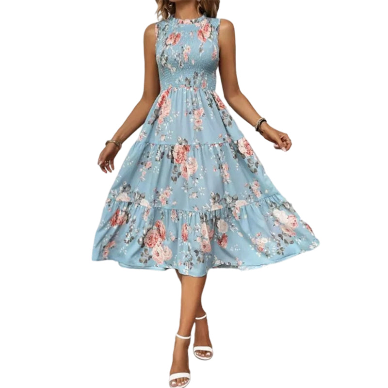 👗New Arrivals 50% OFF💥Women’s Sleeveless Floral Print Casual Dress – Smocked Bodice, Tiered Skirt, Midi Length ✨