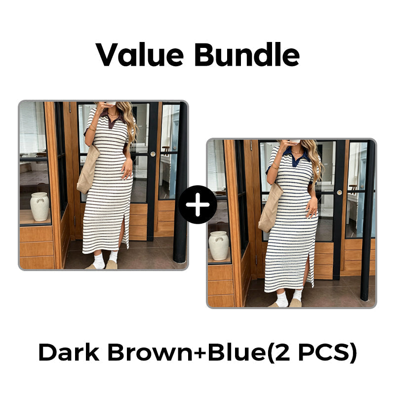 Flash Sale! ✨Stylish Striped Collared Short-Sleeve Dress👗Elegant & Slimming
