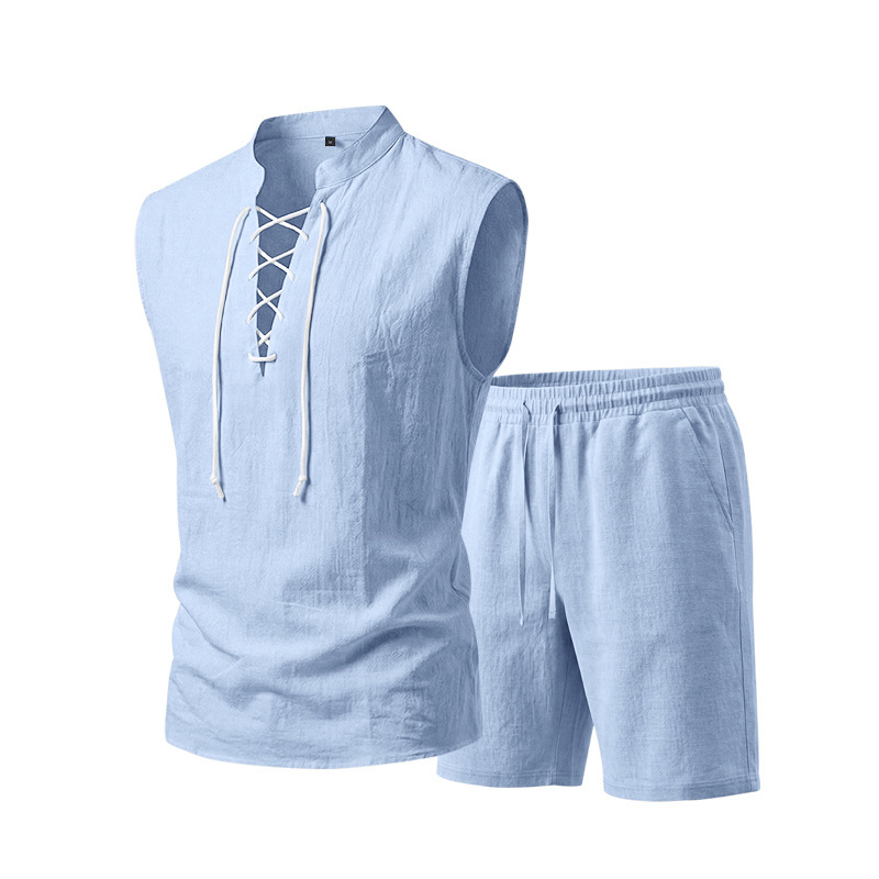 Men's Linen Sleeveless Lace-Up Top & Shorts Set