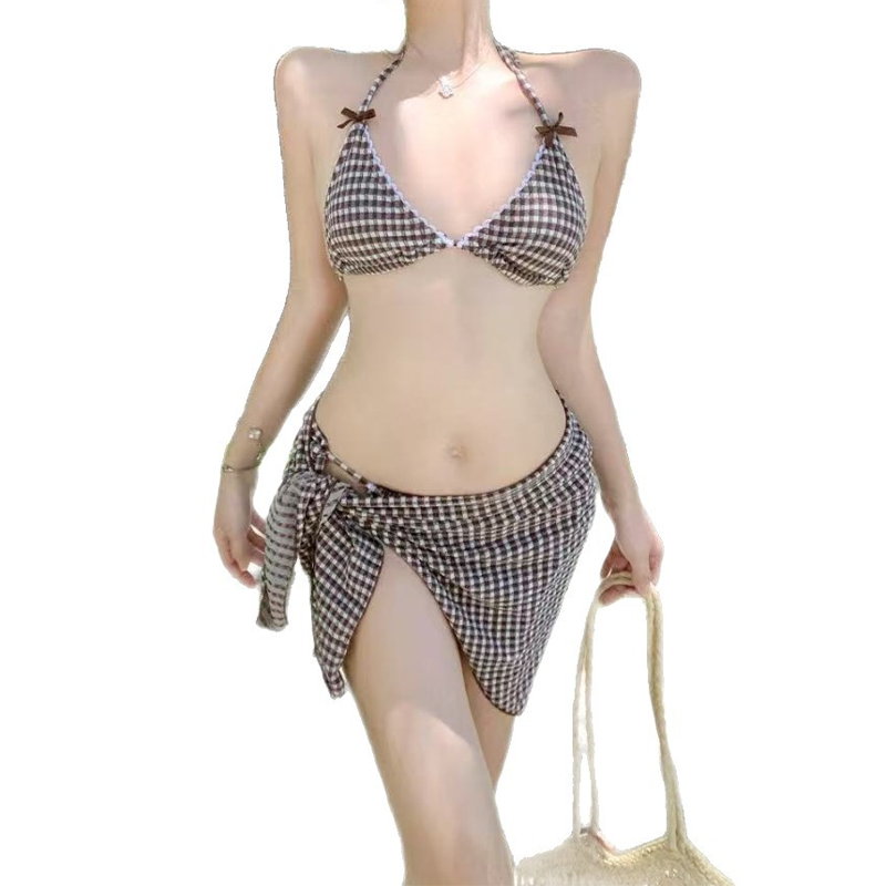 🌟50% Off Summer Hot Sale💕Women Three-Piece Halter Bikini Set with Wrap Skirt Brown Plaid Swimsuit👙🌸
