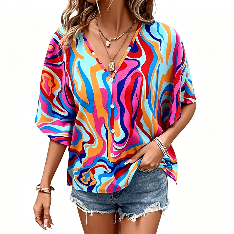 🔥Last Day Special Sale 60% OFF!!💝Women's V-Neck Bohemian Print Blouse Summer Loose Fit Shirt