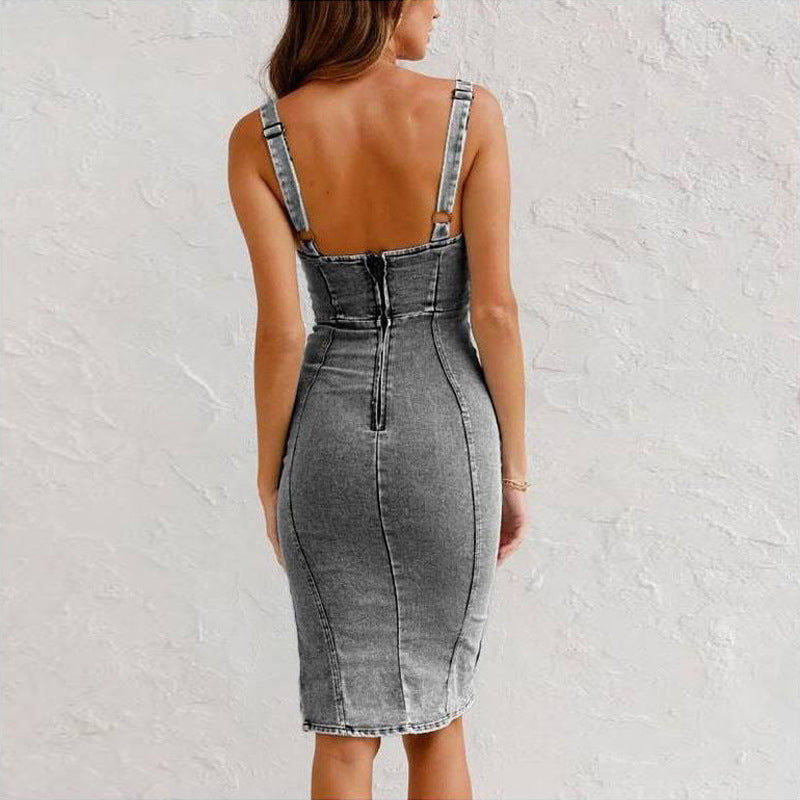 🍹2026 New Style🌤️Curvy-Friendly Denim Bodycon – U-Neck Cami Style That Turns Heads!
