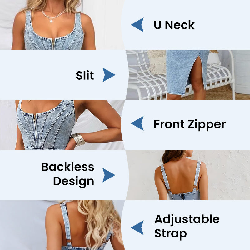 🍹2026 New Style🌤️Curvy-Friendly Denim Bodycon – U-Neck Cami Style That Turns Heads!