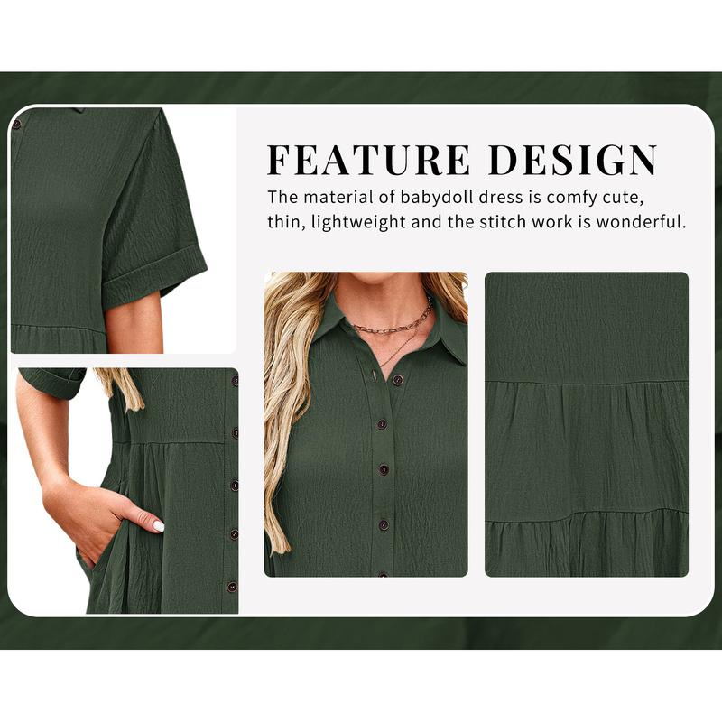 💃2026 Summer Sale-60% OFF💐Women's Short Sleeve Button Down Textured Babydoll Dress with Pockets