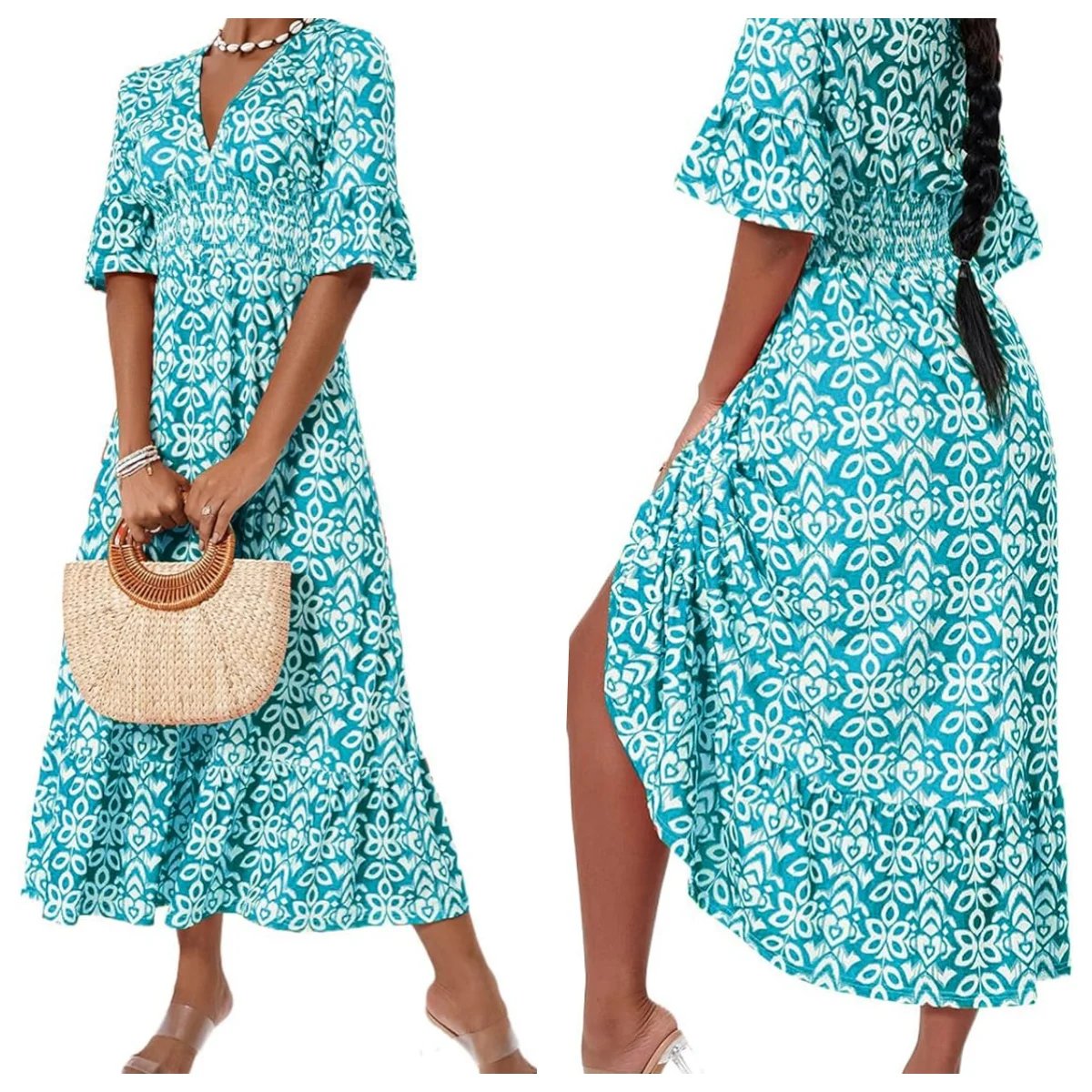 🔥 LIMITED TIME 50% OFF! 👗 Vacation Casual Print V-Neck Waist Wrap Long Dress – 2459+ Sold! Flexible On & Off Shoulders 🌸