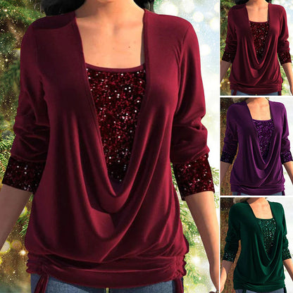 🎄Sequin Loose Smocked Fake Two-Piece Top