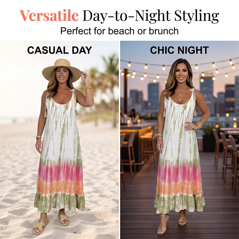 🔥Summer Sale 50% OFF💝Women Summer Tie Dye Maxi Dress Sleeveless Beach Sundress🌙 Free Moon & Star Necklace for today’s first 30 orders! 🎁