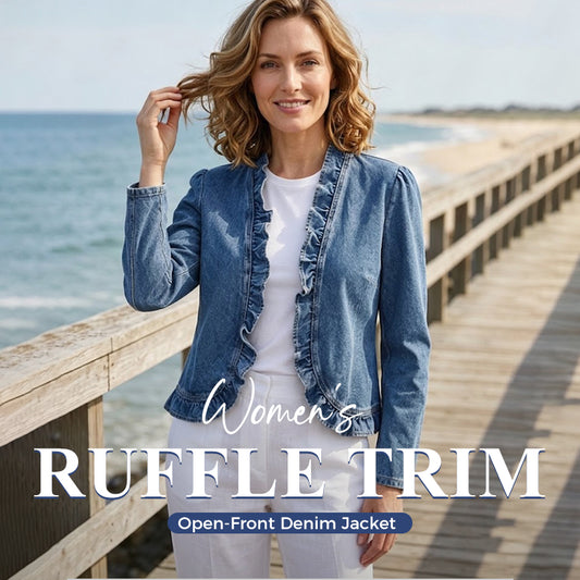 🧥 50% OFF NOW! 🌸 Women's Ruffle Trim Open-Front Denim Jacket – Lightweight, feminine & versatile – chic for any outfit 👗