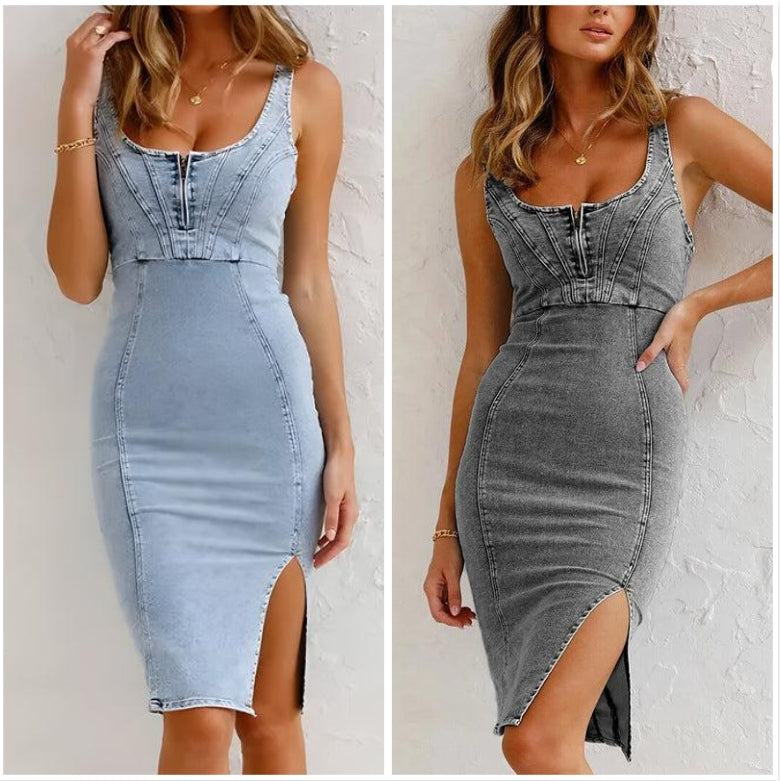🍹2026 New Style🌤️Curvy-Friendly Denim Bodycon – U-Neck Cami Style That Turns Heads!