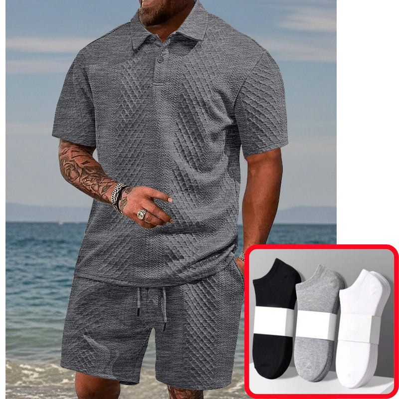 Men’s Diamond Pattern Turn-Down Collar Short Sleeve Top & Drawstring Shorts 2-Piece Set