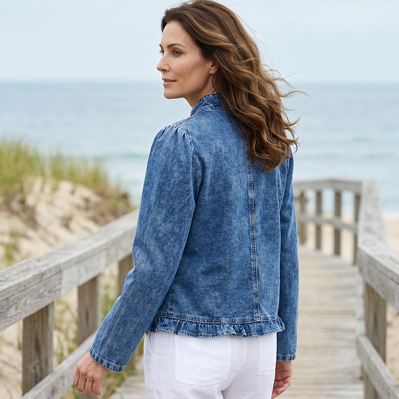 🧥 50% OFF NOW! 🌸 Women's Ruffle Trim Open-Front Denim Jacket – Lightweight, feminine & versatile – chic for any outfit 👗