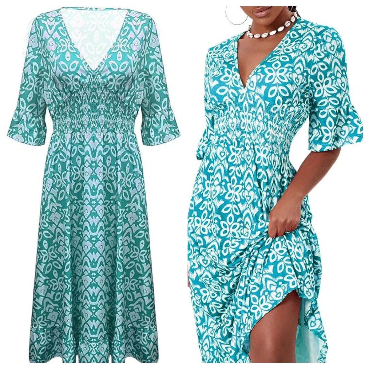 🔥 LIMITED TIME 50% OFF! 👗 Vacation Casual Print V-Neck Waist Wrap Long Dress – 2459+ Sold! Flexible On & Off Shoulders 🌸