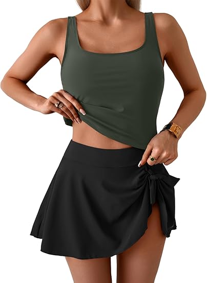 🩱Summer Hot Sale 50% OFF☀️🌊Women's Tummy Control Two Piece Swimsuit High Waisted Tank Top with Swim Skirt