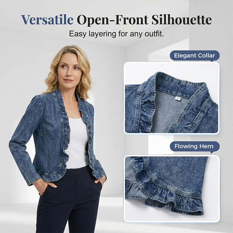 🧥 50% OFF NOW! 🌸 Women's Ruffle Trim Open-Front Denim Jacket – Lightweight, feminine & versatile – chic for any outfit 👗