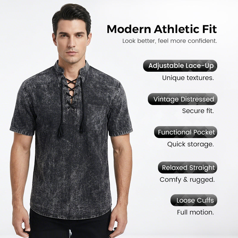 🌸Spring sale: 50% off👕Men Gothic Retro T-Shirt, Lace-up V-neck, Linen Pocket