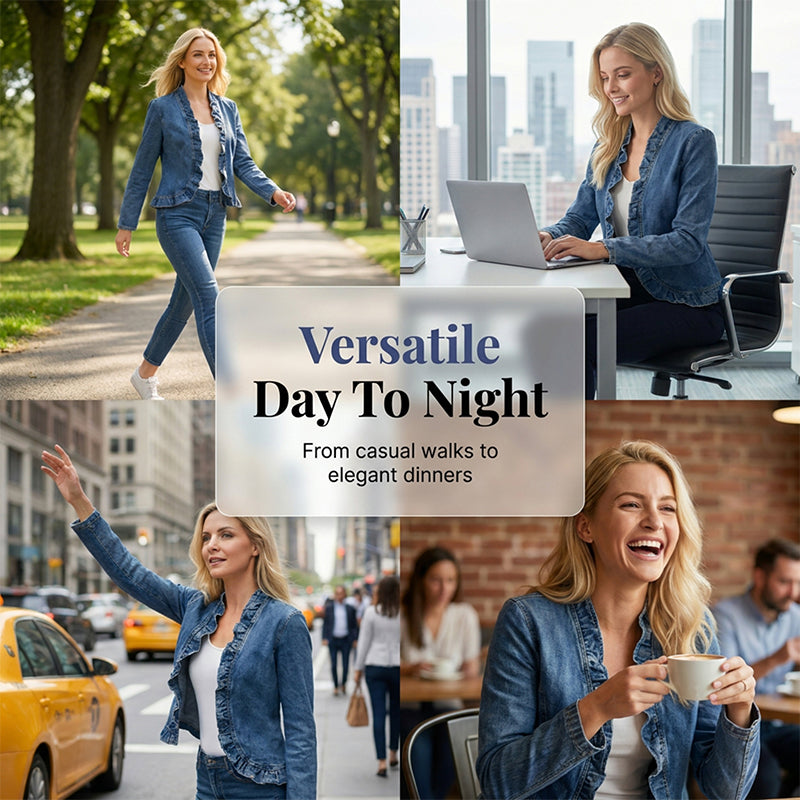 🧥 50% OFF NOW! 🌸 Women's Ruffle Trim Open-Front Denim Jacket – Lightweight, feminine & versatile – chic for any outfit 👗
