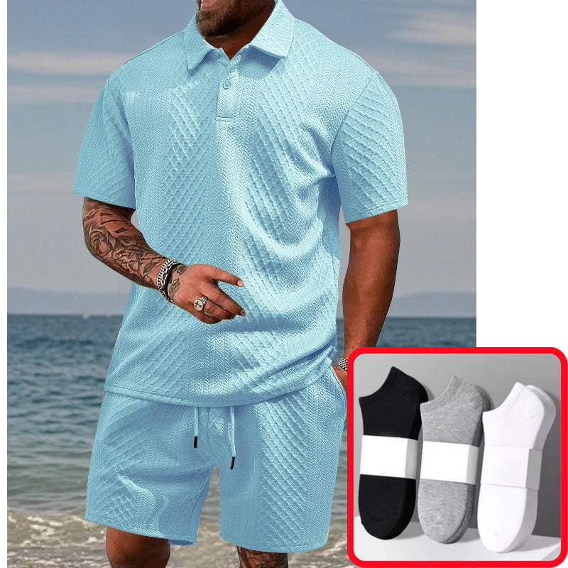 Men’s Diamond Pattern Turn-Down Collar Short Sleeve Top & Drawstring Shorts 2-Piece Set