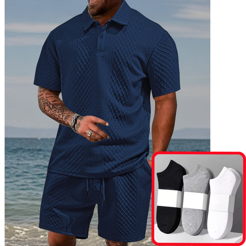 Men’s Diamond Pattern Turn-Down Collar Short Sleeve Top & Drawstring Shorts 2-Piece Set