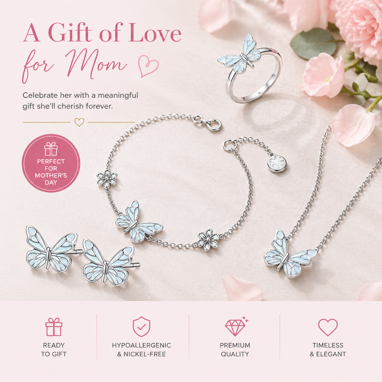 🦋 Blue Butterfly Necklace for Mom – Comes with Gift Box & Card