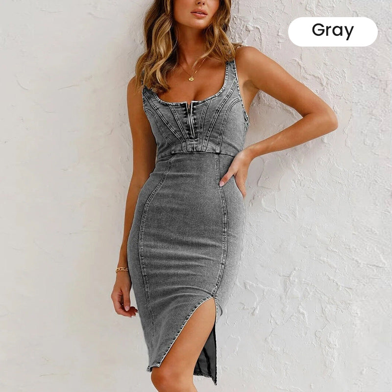 🍹2026 New Style🌤️Curvy-Friendly Denim Bodycon – U-Neck Cami Style That Turns Heads!