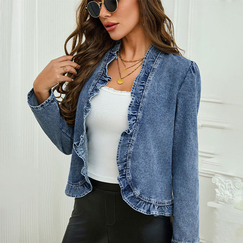 🧥 50% OFF NOW! 🌸 Women's Ruffle Trim Open-Front Denim Jacket – Lightweight, feminine & versatile – chic for any outfit 👗