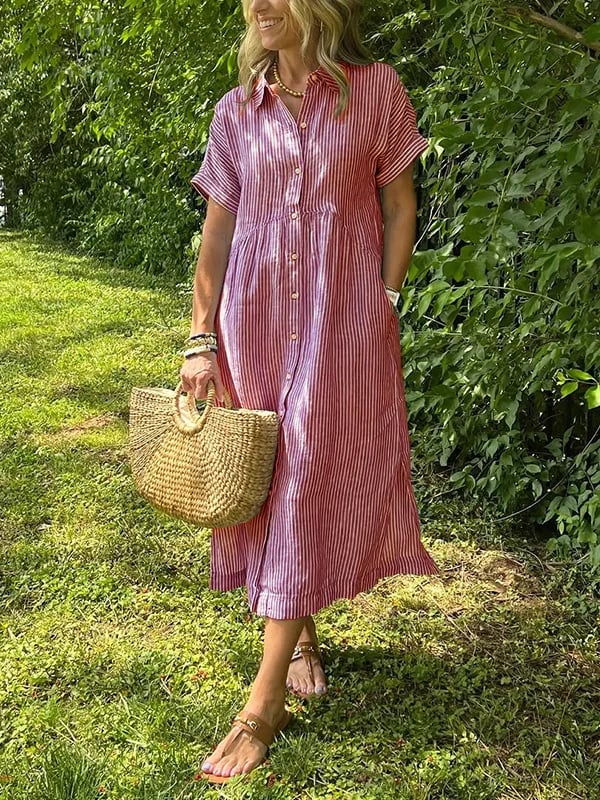 🔥Striped Lapel Button Down Shirt Dress | With Functional Pockets
