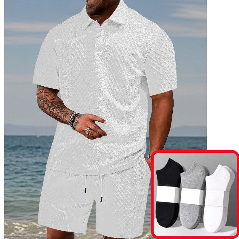 Men’s Diamond Pattern Turn-Down Collar Short Sleeve Top & Drawstring Shorts 2-Piece Set