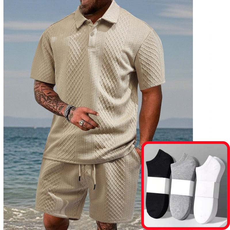 Men’s Diamond Pattern Turn-Down Collar Short Sleeve Top & Drawstring Shorts 2-Piece Set