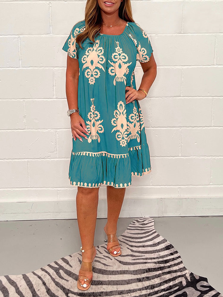 🌸Spring Specials  50%OFF🌸Geometric Pattern Multi Print Square Neck Dress
