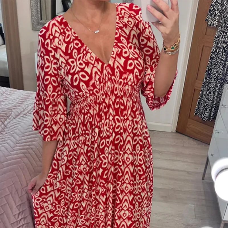 🔥 LIMITED TIME 50% OFF! 👗 Vacation Casual Print V-Neck Waist Wrap Long Dress – 2459+ Sold! Flexible On & Off Shoulders 🌸