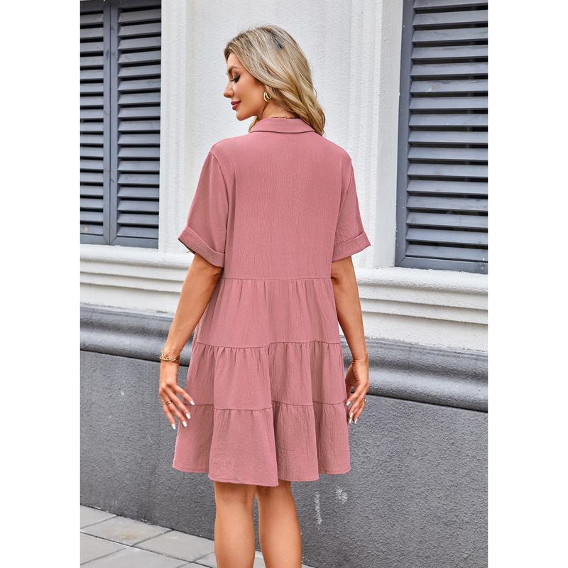 💃2026 Summer Sale-60% OFF💐Women's Short Sleeve Button Down Textured Babydoll Dress with Pockets