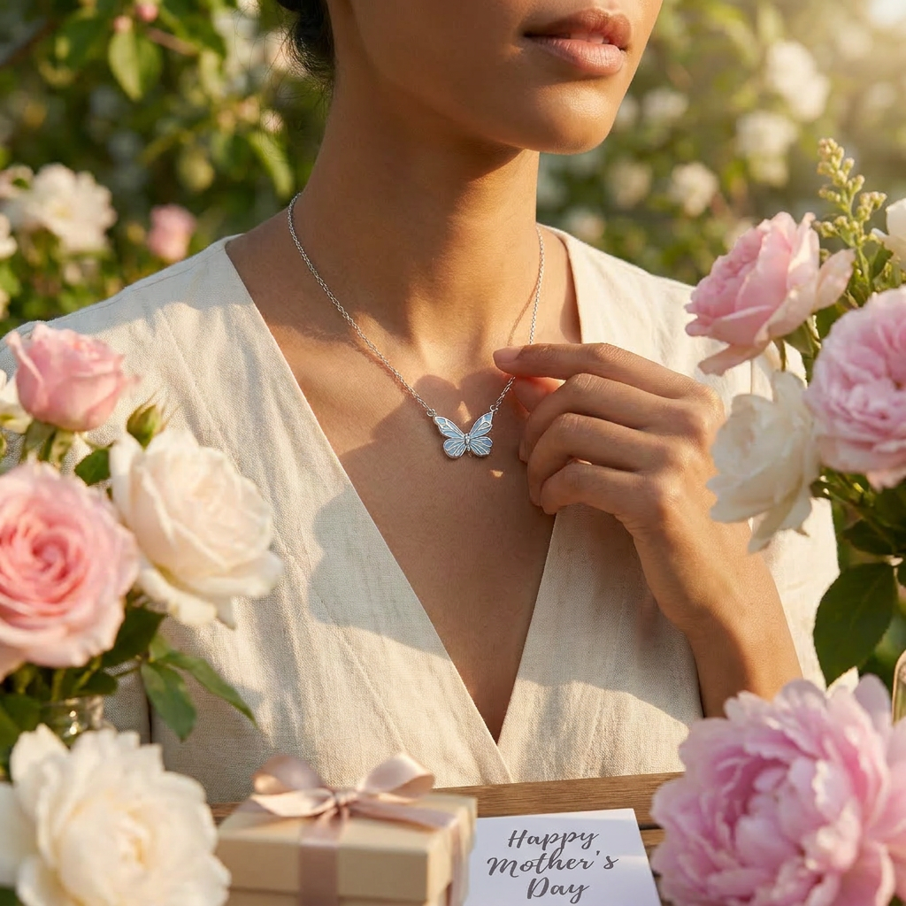 🦋 Blue Butterfly Necklace for Mom – Comes with Gift Box & Card