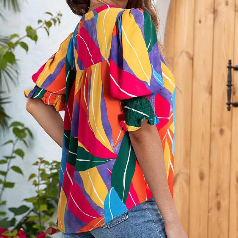 Floral V-neck Puff Sleeve Blouse For Women🌺