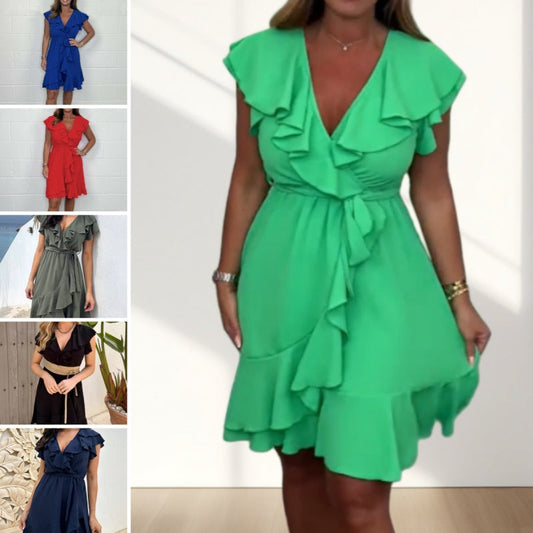 💖LAST DAY SALE 50% OFF💖Women's Elegant Waist Tie V-Neck Ruffle Dress