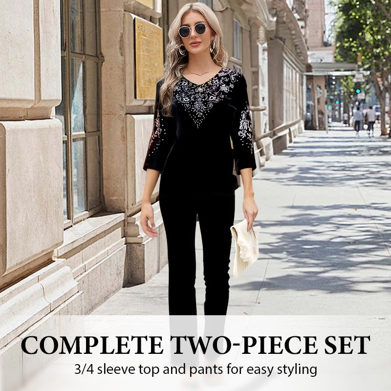 🔥Women's Velvet Rhinestone Top & Pants Set