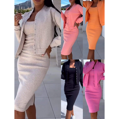 💎 60% OFF! 💎 Spaghetti Strap Bodycon Dress & Jacket Set – Curve-Hugging Fit, 5 Colors & Effortless Day-to-Night Style 🌸👗