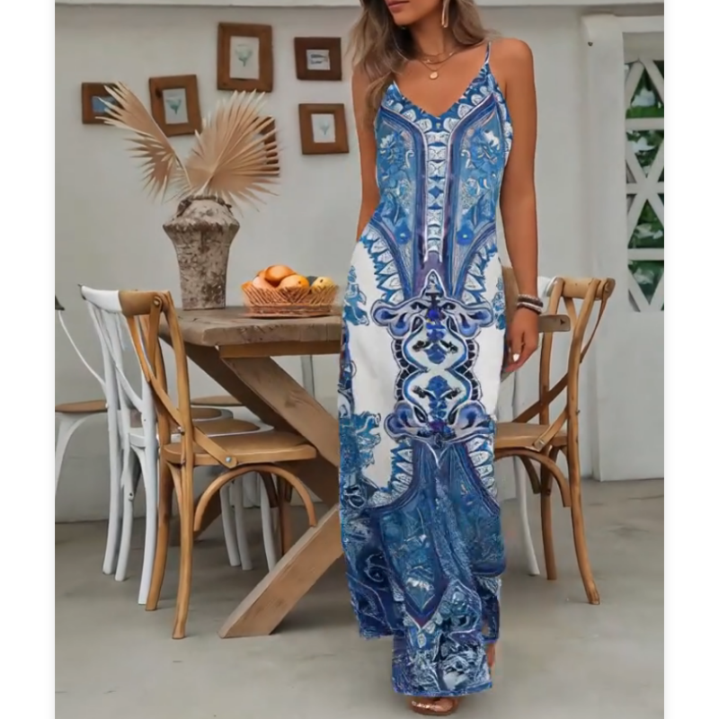 💥LAST DAY SALE 60% OFF🎁Women’s Retro Print V-Neck Sleeveless Maxi Dress