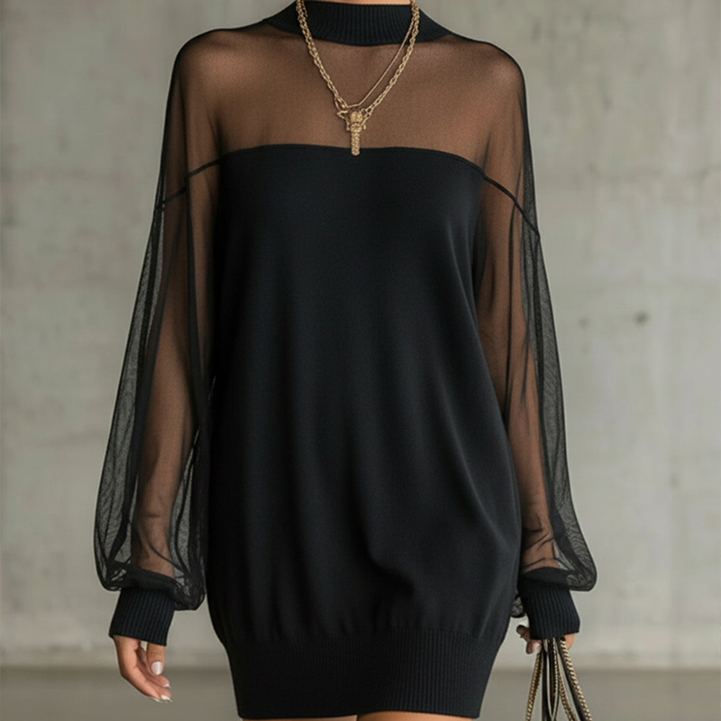 Sheer Mesh Mock Neck Mini Dress