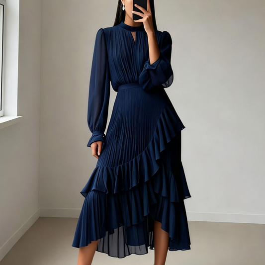 💎 60% OFF! 💎 Women's Keyhole Neckline Ruffled Midi Dress – Pleated Silhouette, Sheer Sleeves & Romantic Asymmetrical Hem 💃