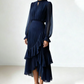 💎 60% OFF! 💎 Women's Keyhole Neckline Ruffled Midi Dress – Pleated Silhouette, Sheer Sleeves & Romantic Asymmetrical Hem 💃