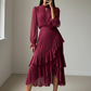 💎 60% OFF! 💎 Women's Keyhole Neckline Ruffled Midi Dress – Pleated Silhouette, Sheer Sleeves & Romantic Asymmetrical Hem 💃