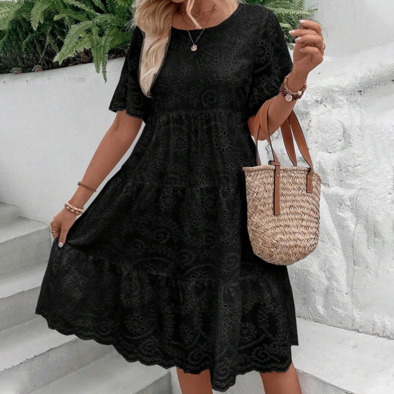 Women's Solid Round Neck Floral Cut-Out Dress