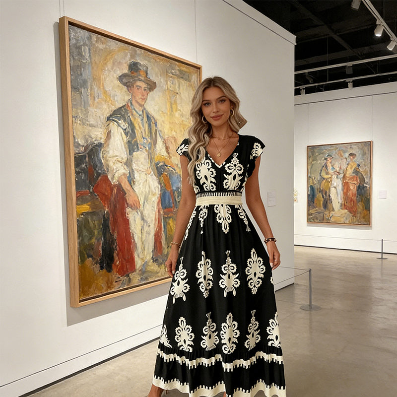 👗 50% OFF NOW! 🎨 Women's Baroque Print Maxi Dress – V-Neck, High Waist & Flowy Silhouette 🌸
