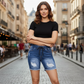 Women's Drawstring Elastic Waist Ripped Denim Shorts