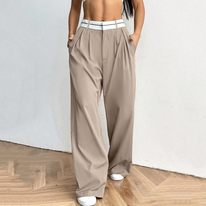 Women's Wide-Leg Suit Pants with Contrast Waistband