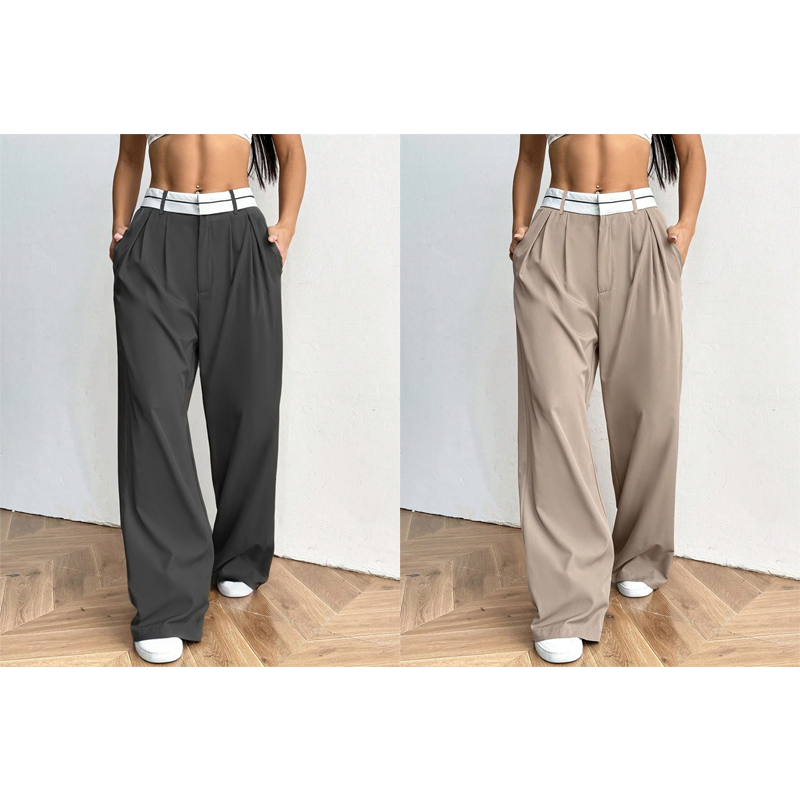 Women's Wide-Leg Suit Pants with Contrast Waistband